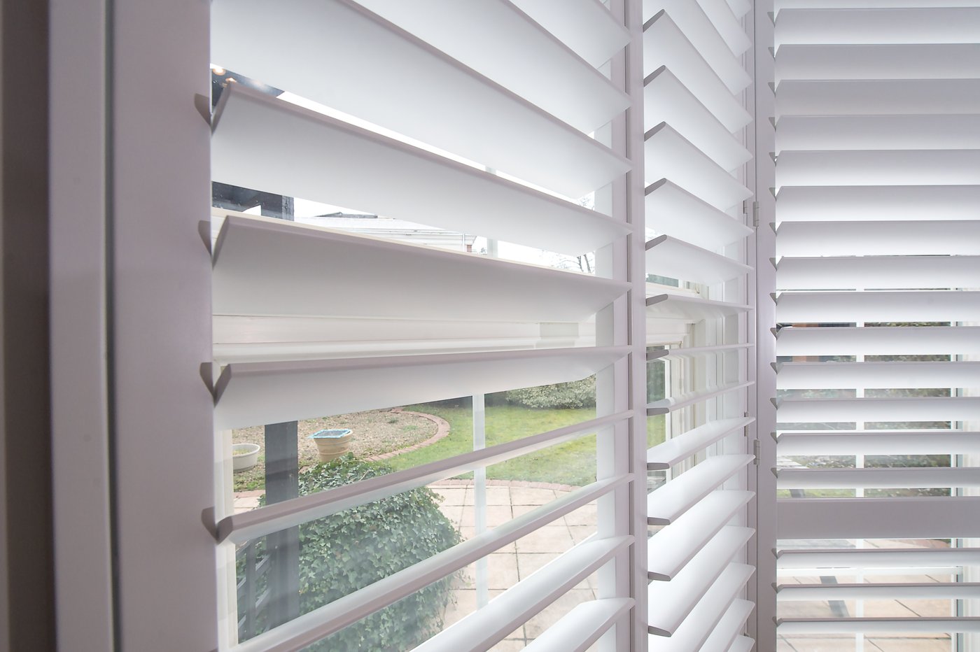 Close-up of wooden shutter louvres